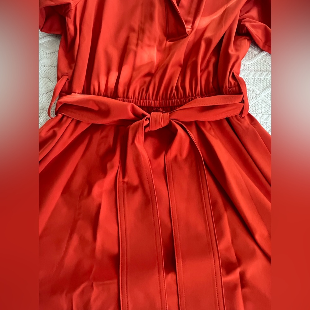 Calvin Klein Vibrant Reddish Orange Midi Dress with Waist Tie Women’s Size 4 - Picture 15 of 16